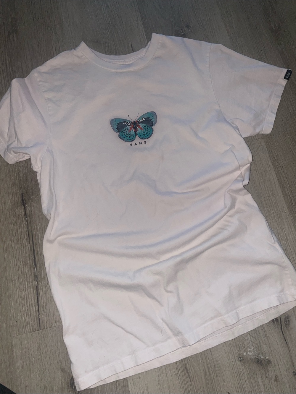 Vans White Tee with Teal Butterfly Graphic | Slim Fit | Size Small